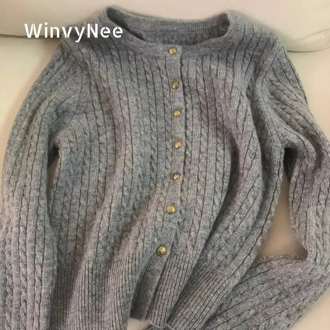 WinvyNee Women's Clothing O Neck 100% Wool Cardigan Golden Button Twist Solid Knit Tops Sweater Outerwear Blouse Jumper B1283005