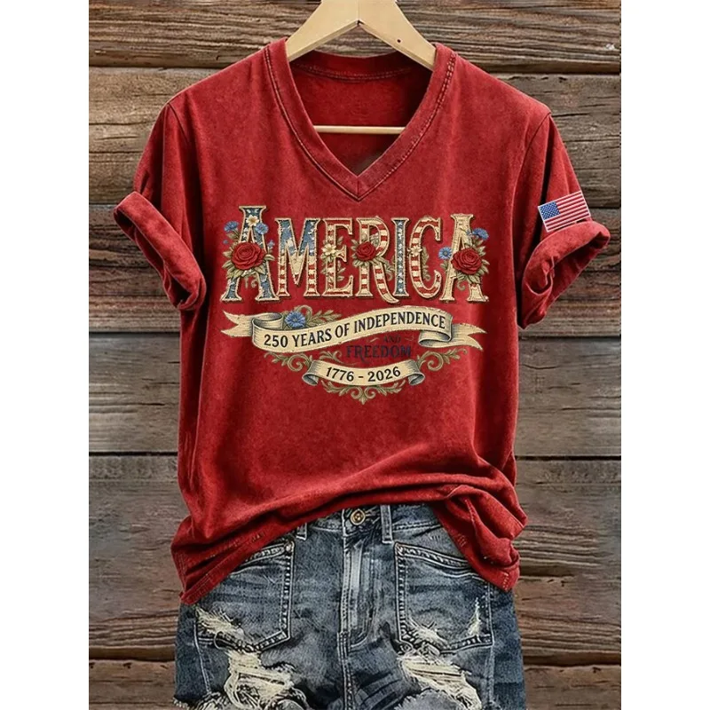 NEW Women's 1776-2026 Us Flag Print T-Shirts Summer American 250th Anniversary Short Sleeve T Shirt Casual V Neck Tops