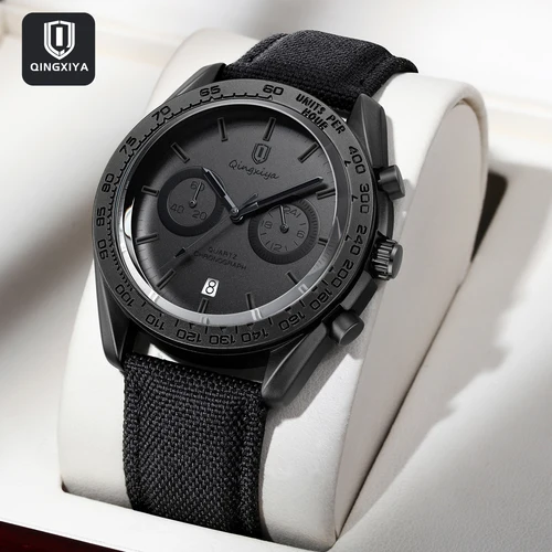 Reloj QINGXIYA para hombre, cronógrafo multifuncional, esfera informal, deportivo, de cuero, movimiento de cuarzo Original, reloj de negocios para hombre
