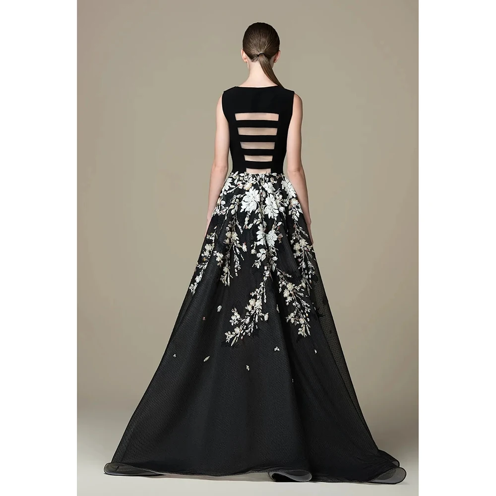 Robe de soirée noire élégante pour femme, col en V, longueur au sol, train de balayage, appliques, haute qualité, robe de soirée formelle, robe éducative