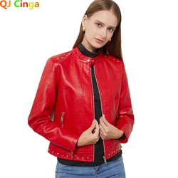 Autumn Faux Soft PU Leather Jackets For Women Coats Black Red Fashion Rivets Slim Design Long Sleeve Casual Outwear S-5XL