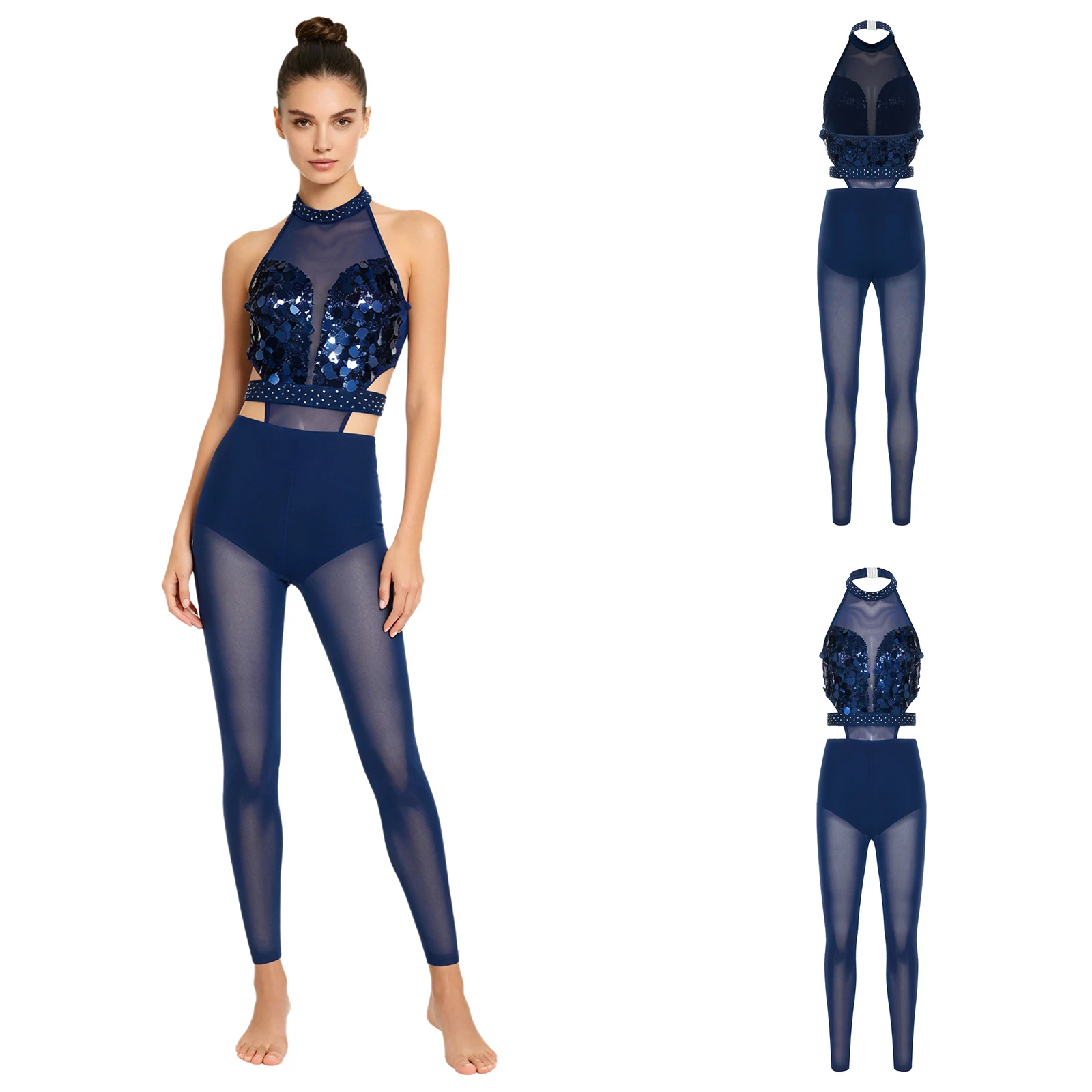 

Women Modern Lyrical Dance Jumpsuit Sleeveless Sequin Bodice Mesh Leggings Ballet Figure Skating Gymnastic Leotard Bodysuit