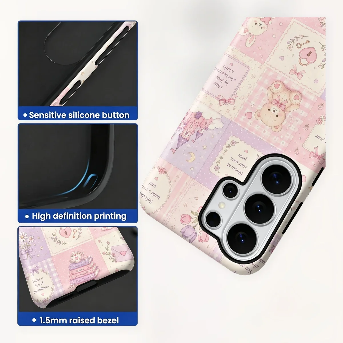 Cute Bear Patchwork 2-in-1 Dual-Layer Phone Case for Samsung Galaxy S26 S25 S24 S23 S22 S21 Plus Ultra FE S20 FE A56 A17 A16 A15