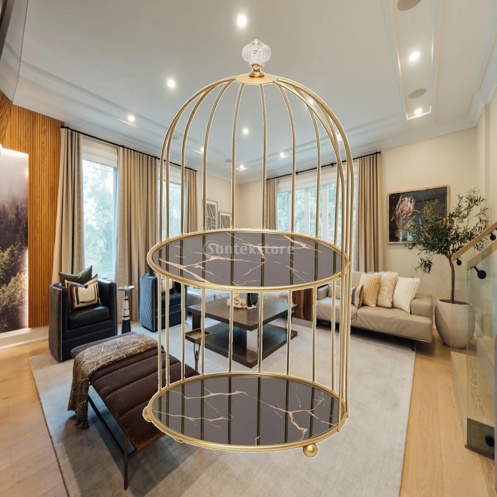 Bird Cage Cosmetic Organizer 2-Tier Bird Cage Makeup Organizer Birdcage Storage Rack Gold Bathroom Countertop Rack Metal