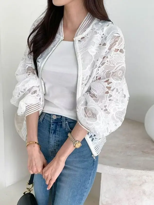 

White Lace Hollow Zipper Jacket Women's Fashion Design Loose Long Sleeve Thin Top Commute Style Spring Season Short Coat