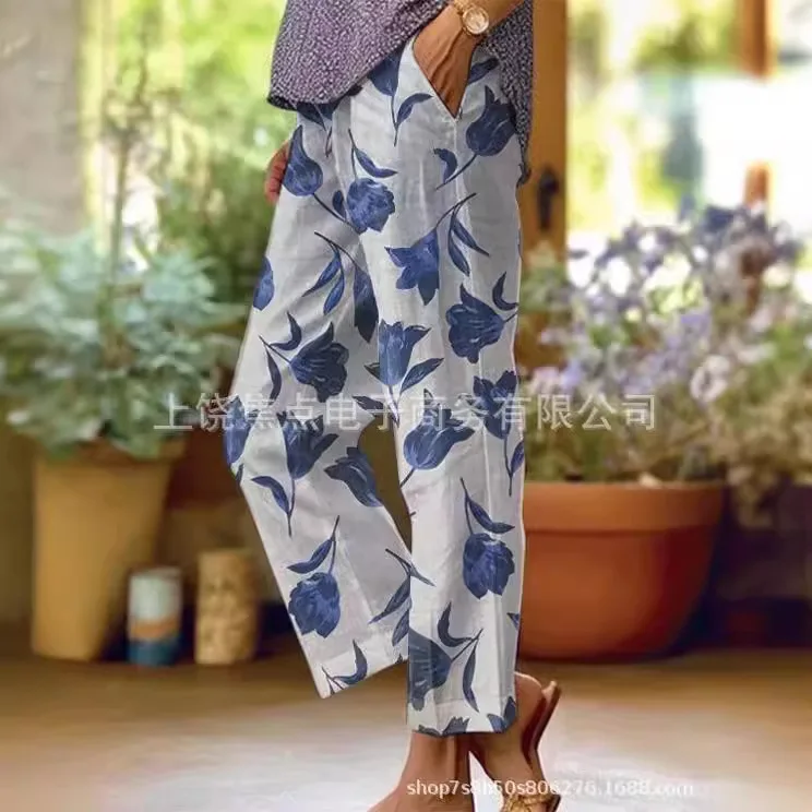 

2025 Summer Women's New Flower Drawstring Trousers Flower Printed Trousers Boho Lace Women's Beach Vacation Style Women shirts