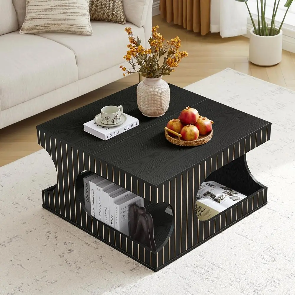 

Журнальный столик в стиле Mid-Century Modern с 2 ярусами, местом для хранения и арочными вырезами для гостиной (черный)