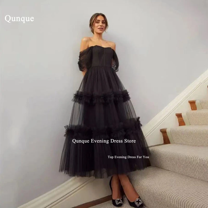 

Qunque Tulle Special Occasion Dress Customized Ruched Black A Line Formal Gown Off the Shoulder Evening Dress Vestidos De Fiesta