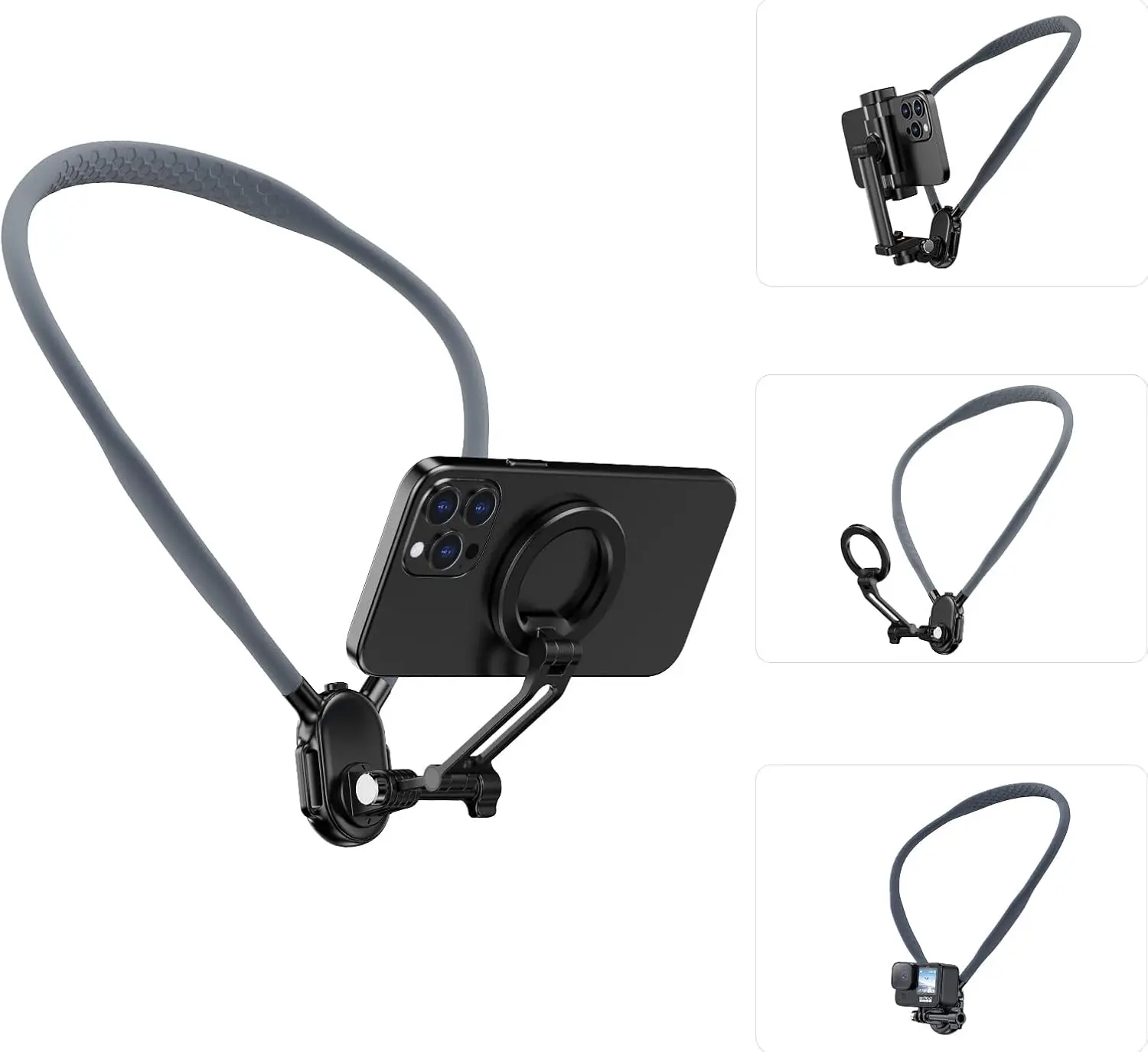 

Держатель для телефона с креплением на шею, магнитное крепление и зажимное крепление для видео POV/Vlog/Unboxing, совместимый с iPhone/Android/GoPro
