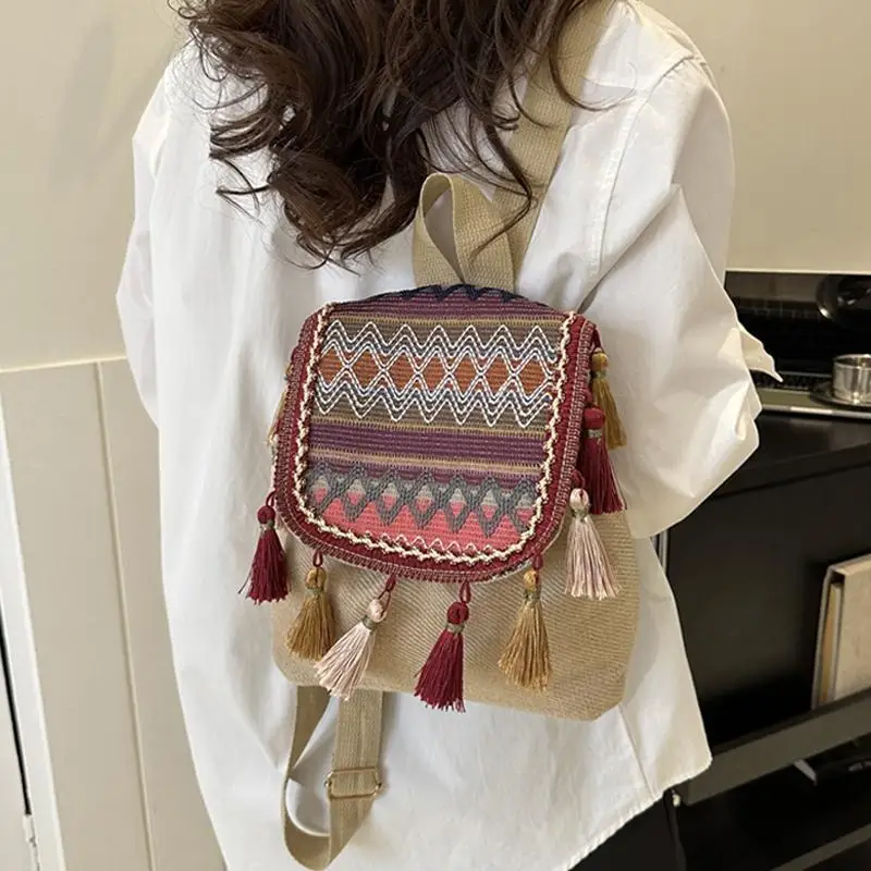 Women\'s Embroidery Ethnic Bohemia Style Tassels Travel Backpack Fashion Climbing Shoulder Bag Lightweight, Large Capacity