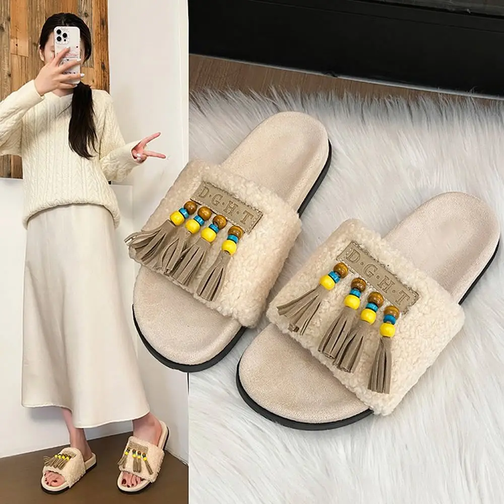 

Женские тапочки без шнуровки с мягкой подошвой, осенне-зимние новые стильные хлопковые тапочки с кисточками и бусинами в этническом стиле с открытым носком для улицы