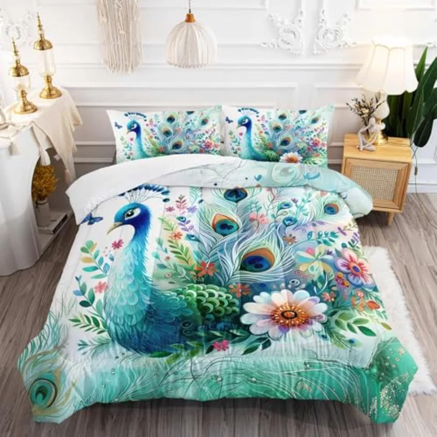 

Teal Blossom Peacock Animal Themed Comforter 3Pcs Flower Butterfly Bedding Set for Kid Teen Girl Boy Adult Room Decor Watercolo