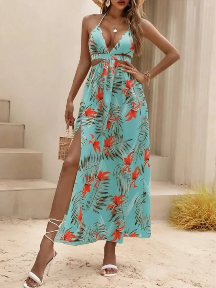 

Elegant Print Halter Neck Slit Dresses Women Sexy Deep V-neck Hollow Out Backless Bowknot Leace-up Long Dress Female Streetwear