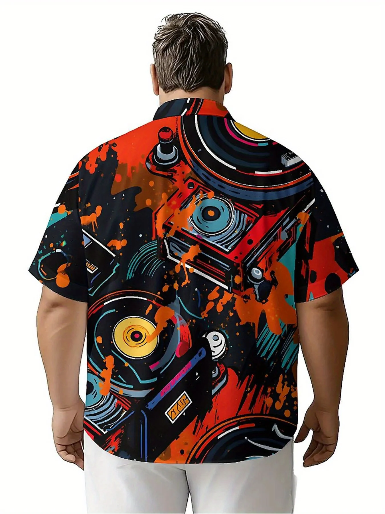 เสื้อฮาวายขนาดบวกของผู้ชายVINTAGE DJ Recordpattern,เสื้อผ้าเยาวชนความสบายระดับพรีเมียม,Streetwear Y2K Tops