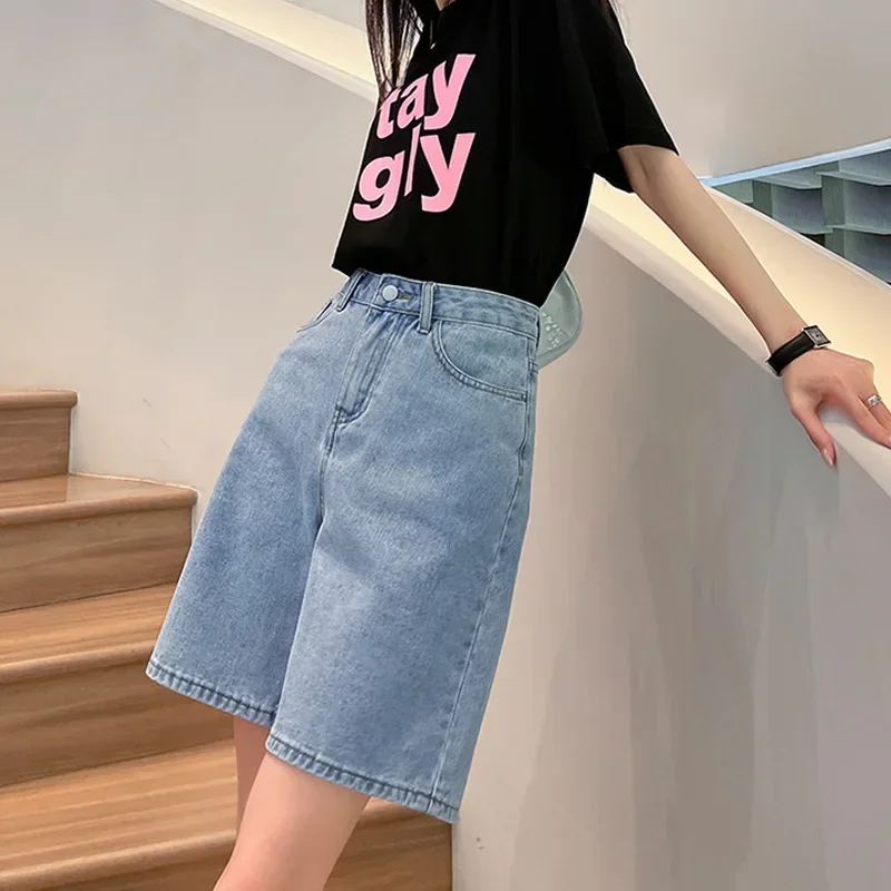 Shorts jeans de verão para mulheres, cintura alta, pernas largas, retrô, fino, reto, curto, algodão, azul, estilo coreano