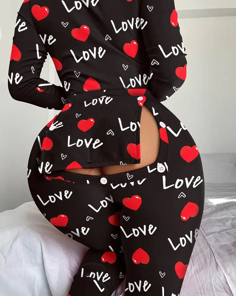 Home Jumpsuit Women 2024 Heart Letter Print Functional Buttoned Flap Sleep Onesie High Waist Slim Fit Long Conjoined Body Pants