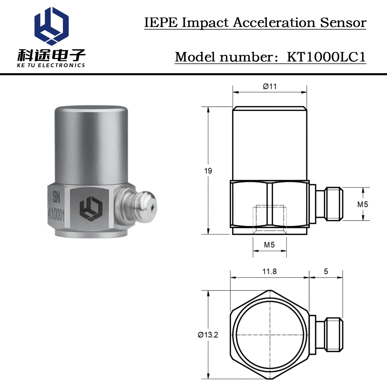 Single Axis Piezoelectric Accelerometer Vibration Sensor ICP Uniaxial Acceleration Transducer Shock Measurement 5000g