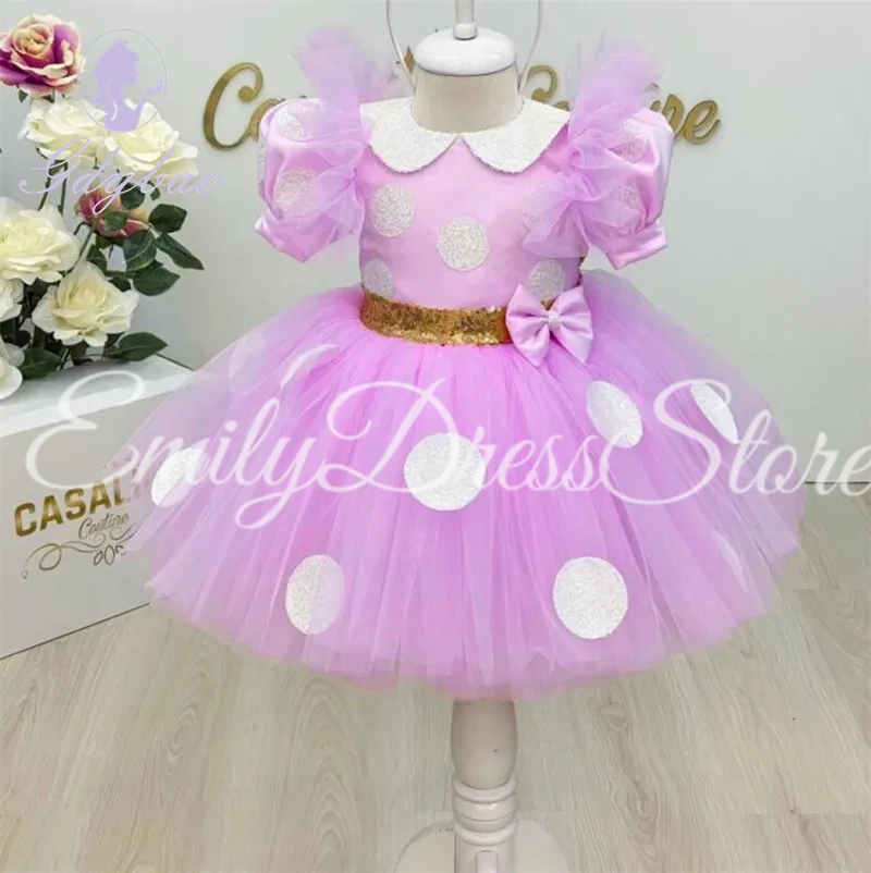 Vestido de princesa con flores para niña, vestido rosa hasta la rodilla con lazo de lentejuelas doradas grandes, vestido de fiesta de boda, vestido de baile hinchado para niño