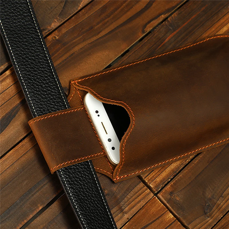 Genuine Leather Phone Pouch Case for 6-7.5inch Cellphone Loop Holster Case Belt Waist Bag Retro Outdoor Phone Wallet Anti-theft