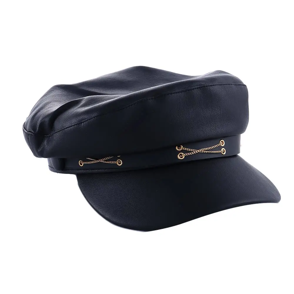 

Sweet Literary Girl Autumn Chain PU Leather All-match Painter Cap Women Berets Korean Style Octagonal Hat Navy Hat