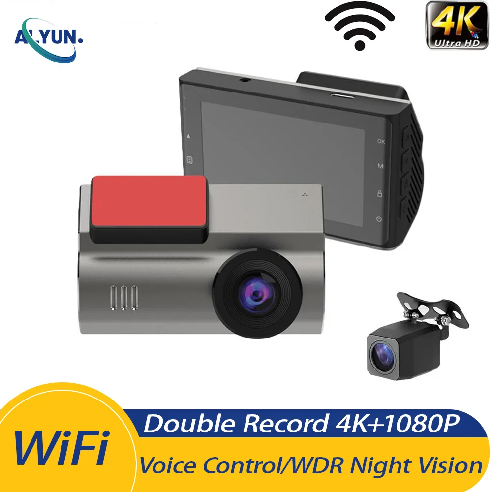 

Автомобильный видеорегистратор UHD4K + 1080P, видеорегистратор с Wi-Fi, GPS, двойным объективом спереди и сзади, широкоугольная фотокамера, функция управления голосом, циклическая запись