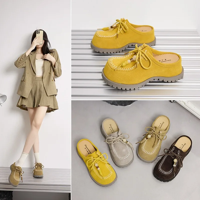 

Женские кожаные сандалии с открытым задником, круглым носком, бисером и увеличением роста на 6,5 см, в ретро-стиле