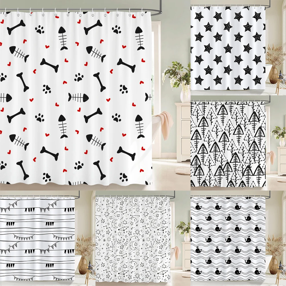 

Black and White Simple Cartoon Shower Curtain Washable Polyester Bathroom Curtains Decor Bathtub Partition Curtain With Hooks