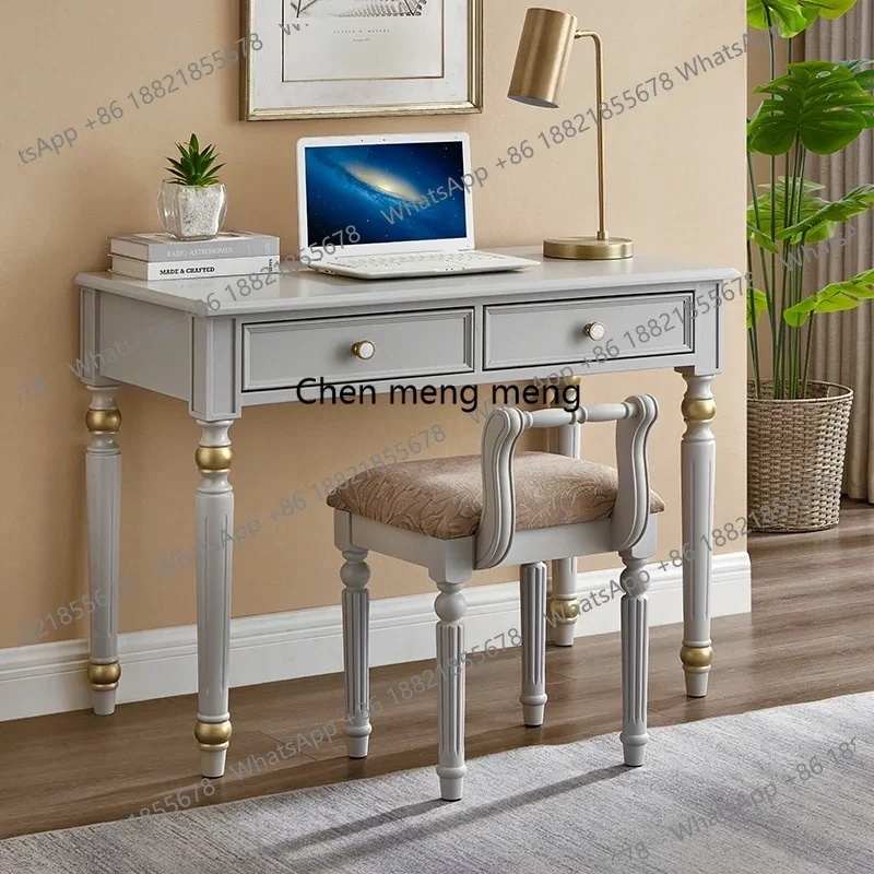 

American Light Luxury Solid Wood Desk European Morandi Gray French Cream Style Computer Desk Small Home Use
