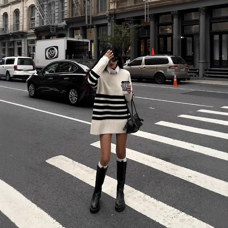 2024 Autumn and Winter New Fashion Laziness Black and White Stripes Sweater Versatile Head Cover Medium and Long Styles Sweater