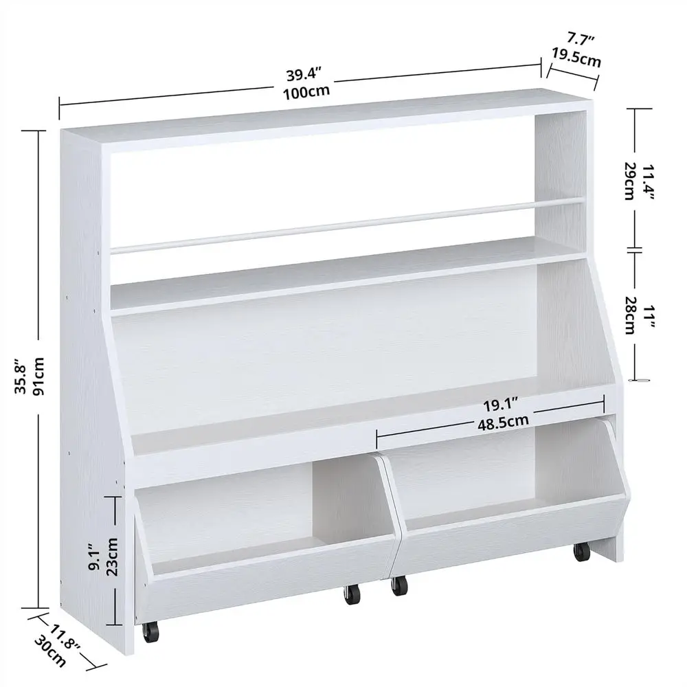 Estantería infantil blanca con 2 cajones ajustables, almacenamiento de juguetes de nivel superior, organizador de sala de juegos