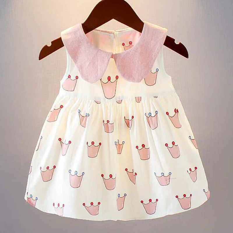 Summer Baby Clothes Girl Korean Cartoon Cute Print Pink Doll Collar Sleeveless Cotton Toddler Princess Dress Kids Dresses BC1371