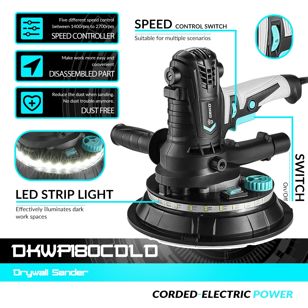 Imagem -02 - Deko Dkwp180cdld Dkwp180cd 900w Máquina de Polimento Portátil de Moedura da Lixadeira Drywall com Lixa Conduziu a Luz e o Bolsa de Clooect da Poeira