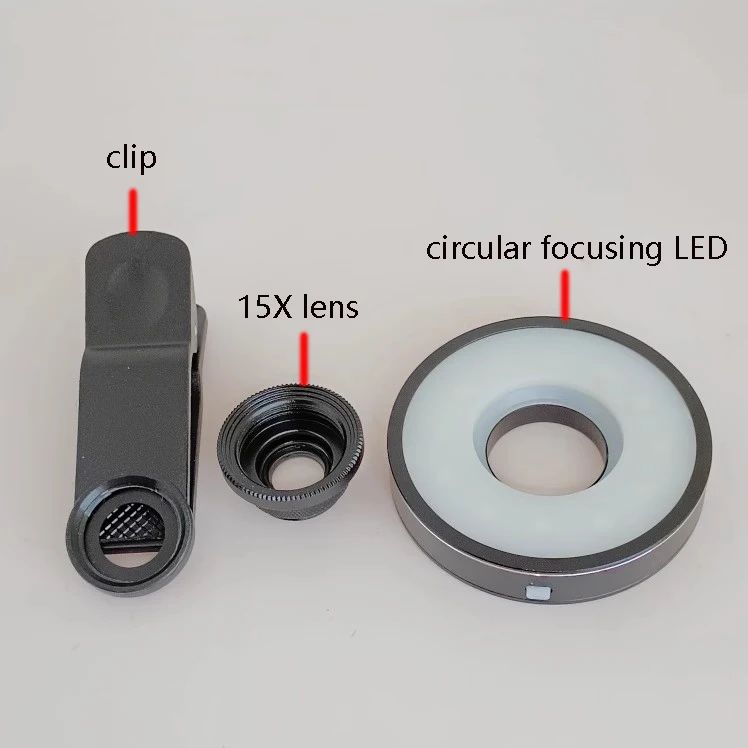 휴대폰 매크로 사진 링 포커싱 LED 15 배 확대 클립 렌즈, 럭셔리 실버 동전, 쥬얼리 엠보싱 스탬프 평가
