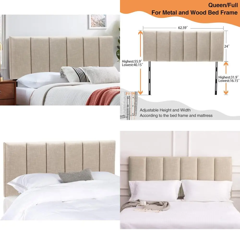 Linen Upholstered Adjustable Height Queen Bed Headboard Modern Panel in Oatmeal Color for Queen Size Beds