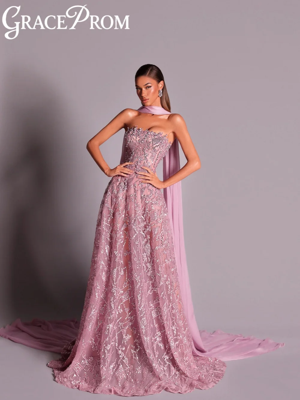 

New Shimmery Beaded Evening Dress With Scarf Dreamy A-line Floor-length Wedding Party Gown Customized Luxurious Prom Dresses