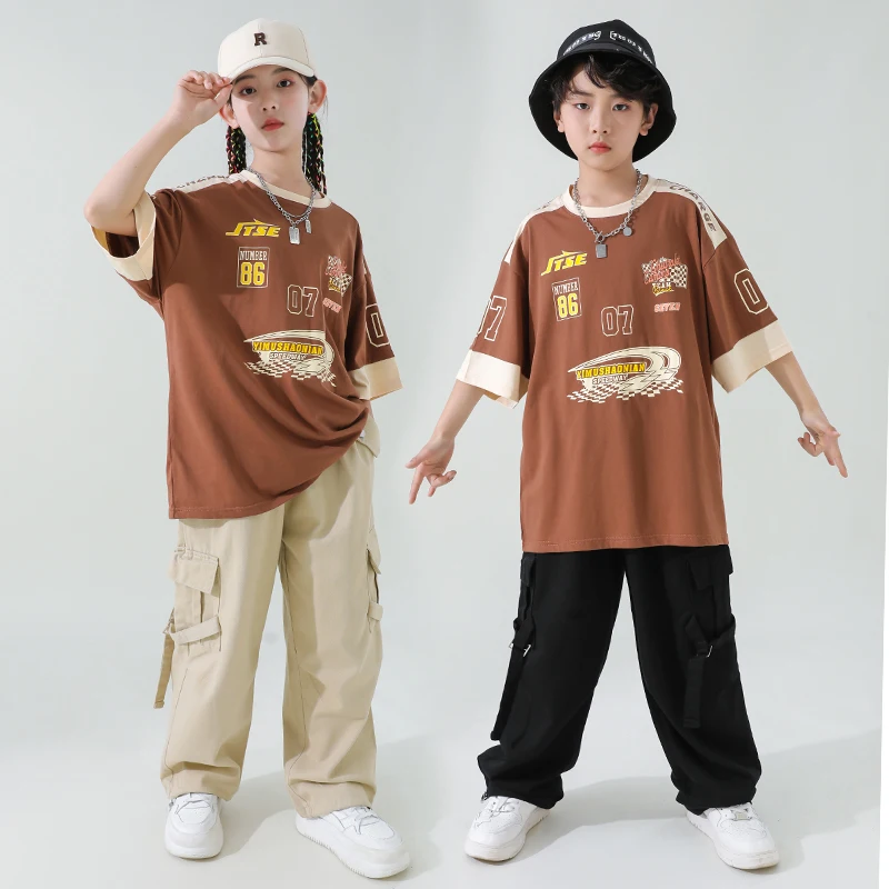 Kid Kpop Costume for Girl Boy Graphic Tee Oversized T Shirt Top Streetwear Cargo Pants Hip Hop Stage Clothes Teenager Stage Wear