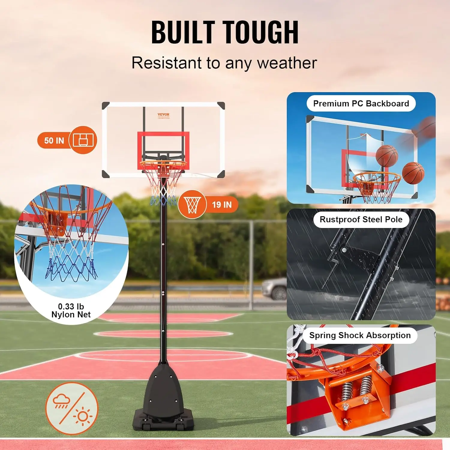 Basketbalring, 7,6-10ft in hoogte verstelbaar draagbaar bordsysteem, 50 inch basketbalring en doel, basketbalset voor kinderen en volwassenen