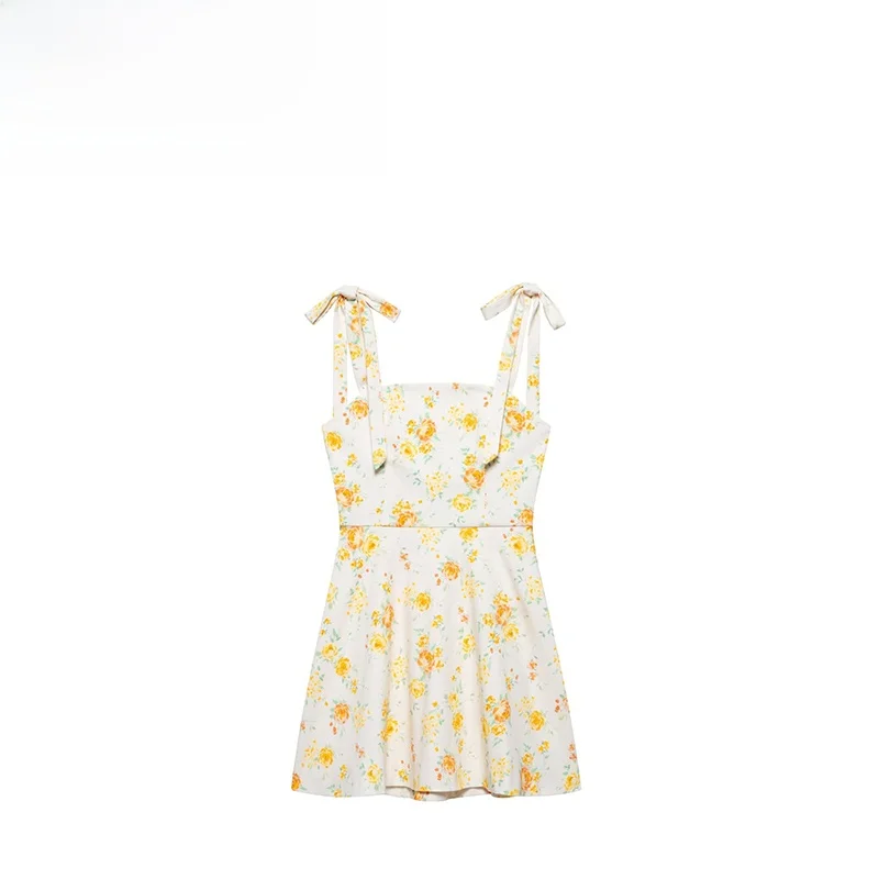 ZBZA ฤดูใบไม้ผลิใหม่ผู้หญิง Faion Design Knot ตกแต่งดอกไม้พิมพ์ Dr Cleanfit Sle เอว Cinched Svel Dr