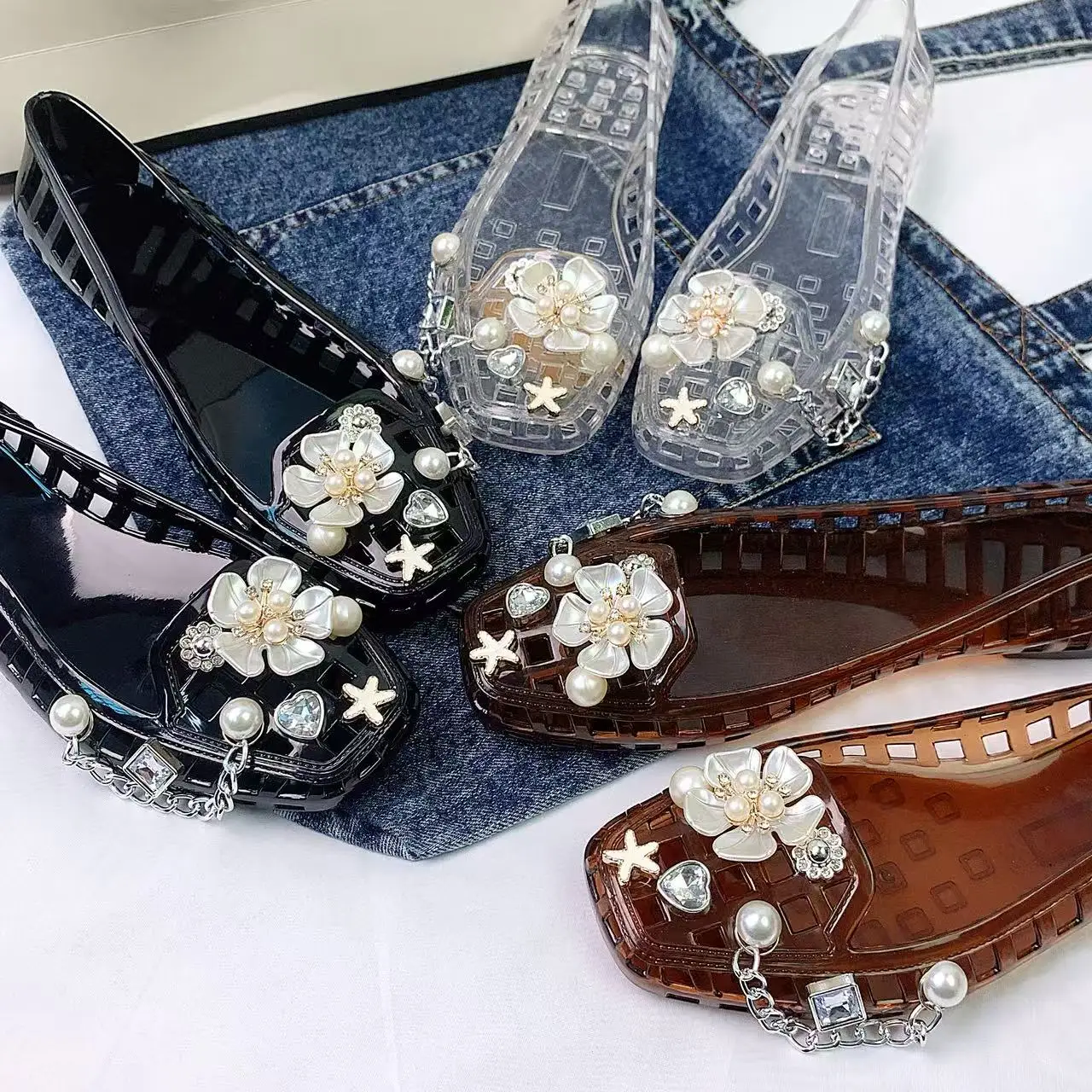 Jelly Crystal Shoes for Women, Pearl Flower Gold-Edged Starfish Set Accessories, Crystal Sandals, Jelly Shoes, Slip-On Slippers, Lazy Slippers