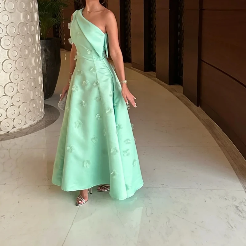 

A2065 Mint Green Evening Dresses Long One Shoulder Flower A Line Satin Wedding Guest Party Prom Formal Wear Vestidos Customized