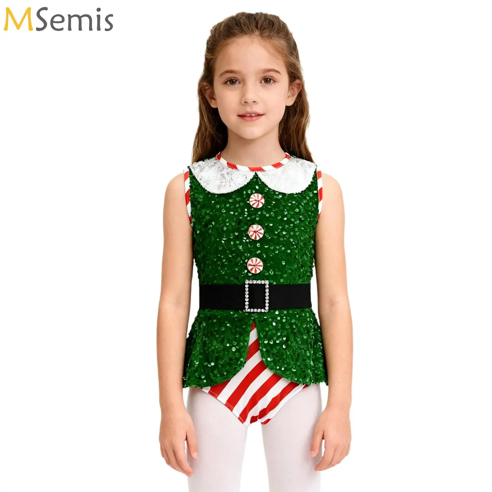 

Kids Girls Christmas Dance Costume Candy Cane Stripe Sequin Jumpsuit Ballet Leotard Gymnastics Figure Skating Bodysuit Dancewear