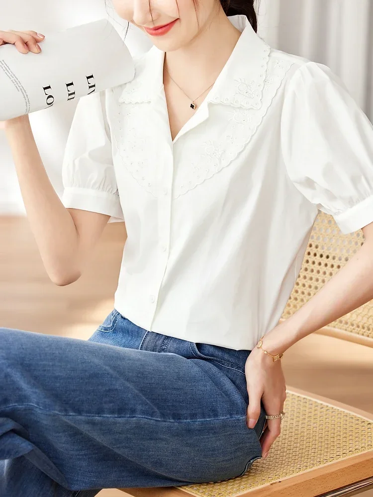 Vimly White Short Sleeve Shirts for Women Sweet Puff Sleeve Elegant Summer Top Hollow Out Embroidery Female Shirts and Blouses