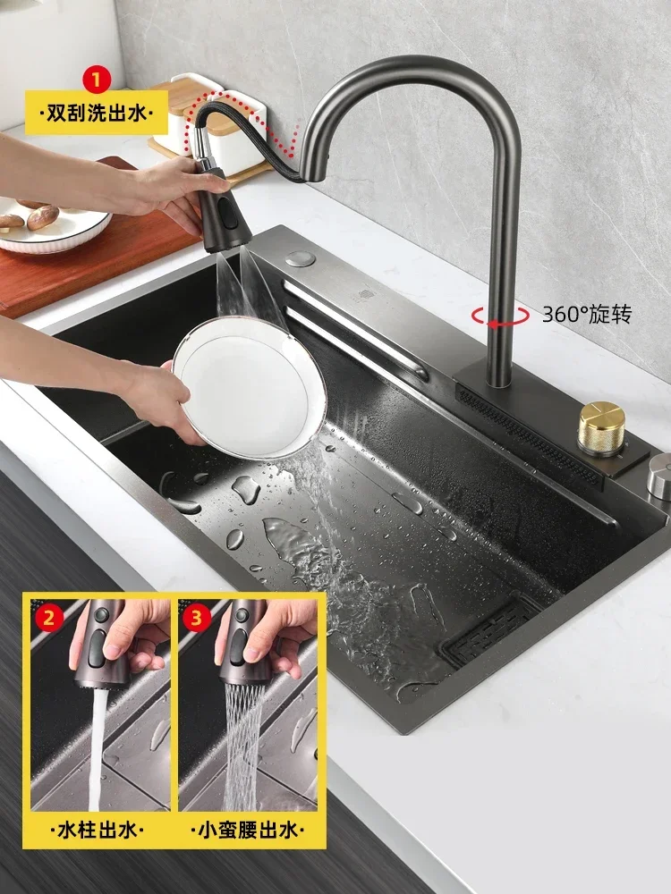 Kitchen handmade 304 stainless steel waterfall sink household sink nano