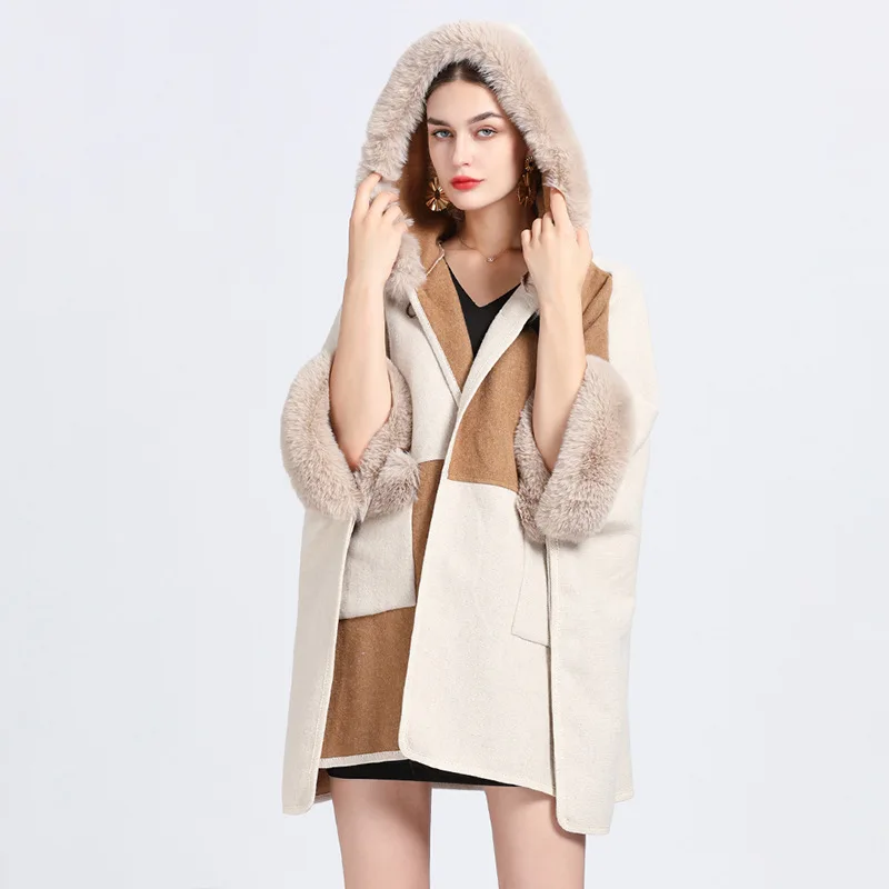 Women Rex Rabbit Faux Fur Shawl Lady Cashmere Feel Woolen Coat Winter Elegant Hoodie Wrap Luxury Warm Overcoat Cloak with Pocket