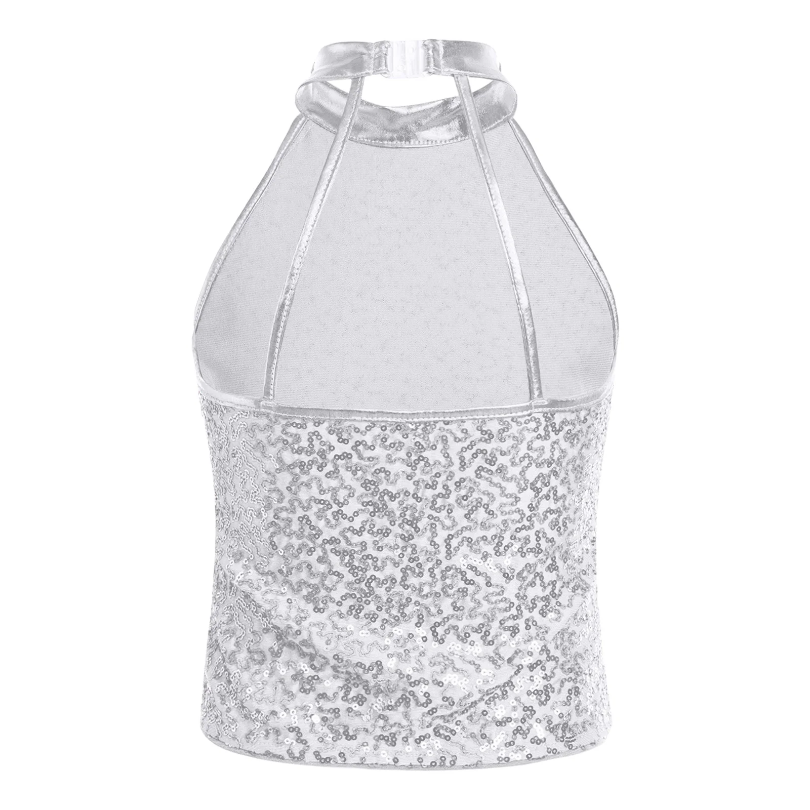 Kids Girls Sparkling Sequin Halter Crop Top Sleeveless Backless Tops for Cheerleading Jazz Dance Gymnastics Stage Performance
