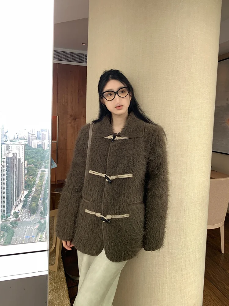 

Кардиган из овчины карамельного цвета с вельветовой отделкой, свободного кроя, с пуговицами из меха и кожи, винтажный дизайн, осенне-зимняя верхняя одежда