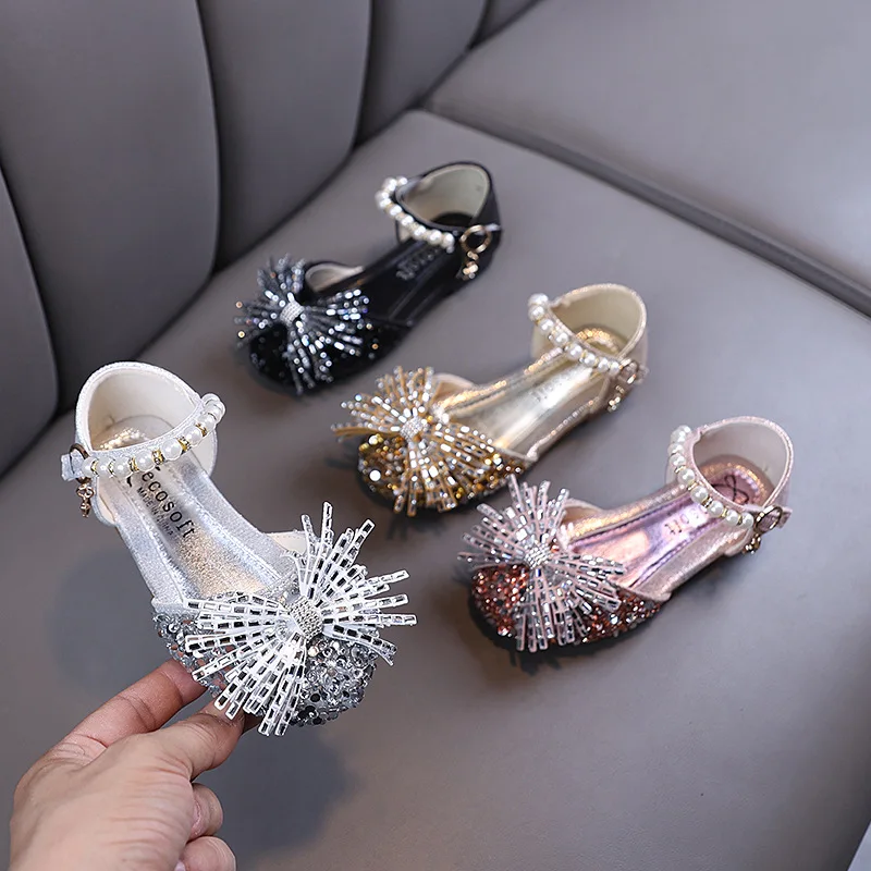Girls Princess Flat Sandals Sparkly Kids Summer Perform Shoes Wedding Party Luxury Children Rhinestone Dress Sandals Non-slip