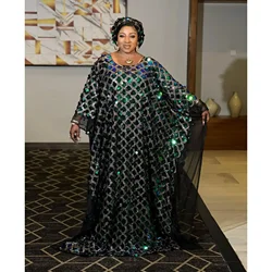 Unique Plus Size African Print Dashiki Dress with Batwing Sleeves and Glitter Sequin Accents for Women