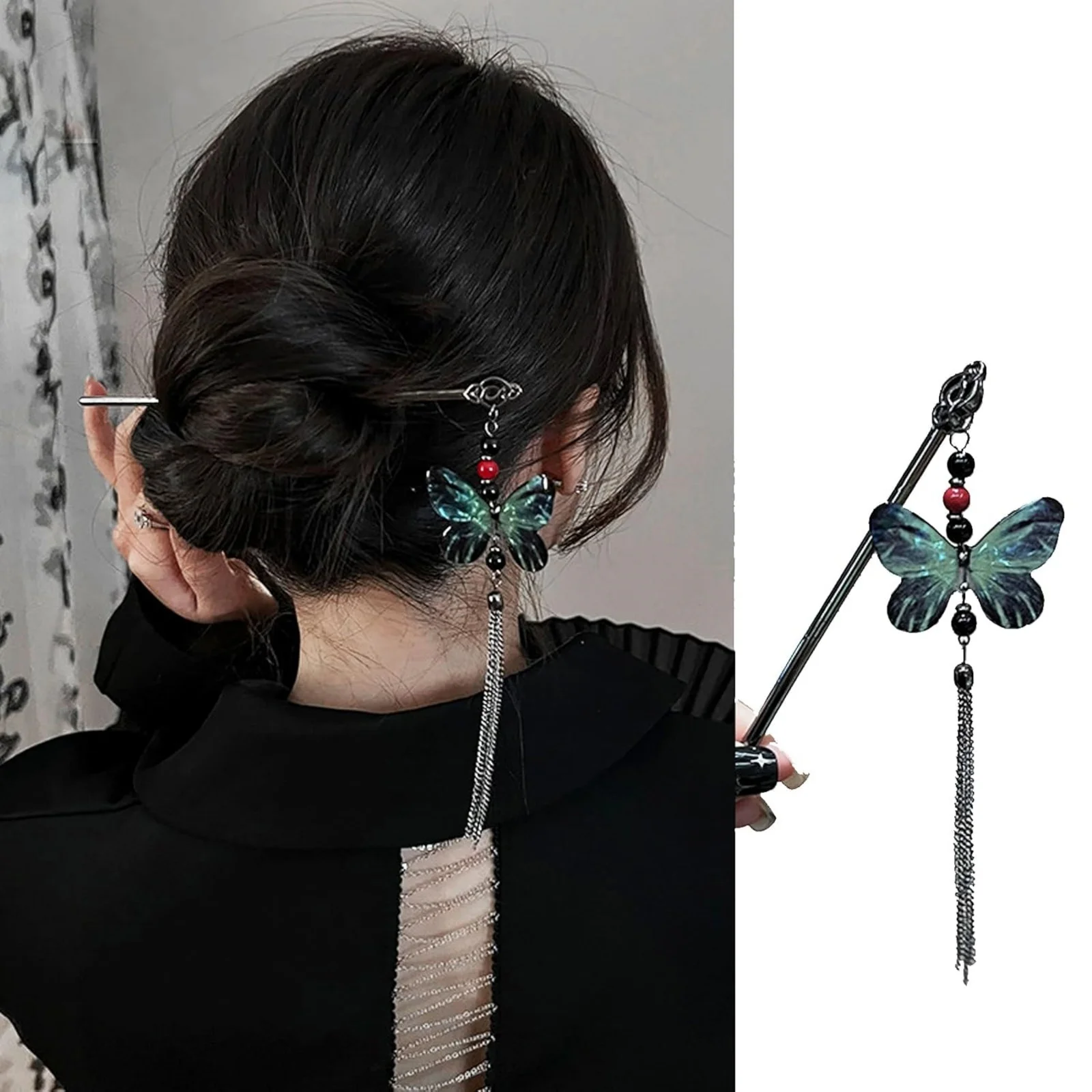 1 Stück chinesische Haarnadel-Kollektion, 6-teiliges Set mit Schmetterlings-, Rosen- und Halbmond-Designs, elegantes Quastendekor – Detail 4