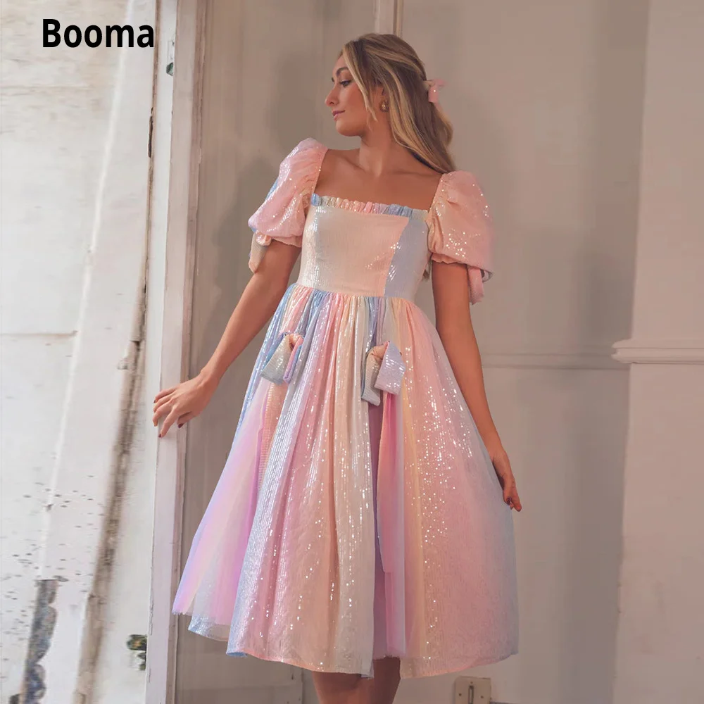 Booma Pastel Rainbow Sequin Midi Prom Dresses Square Neck Short Puff Sleeves Tea-Length A-Line Party Gowns Formal Event Dresses